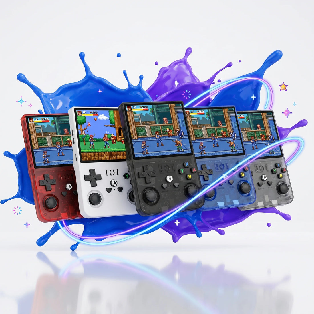 Console portable rétrogaming R36 Max en cinq coloris : rouge, blanc, noir, bleu et gris.