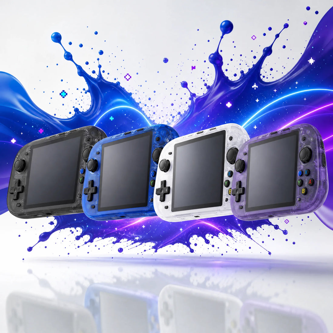 Console retro portable en quatre coloris translucides : fumé, bleu, blanc et violet.