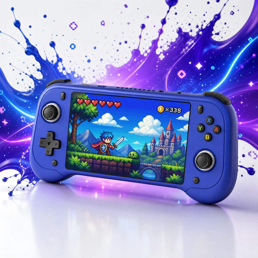 Écran IPS 5,5 pouces de la console rétrogaming portable affichant un jeu rétro coloré en grand format.