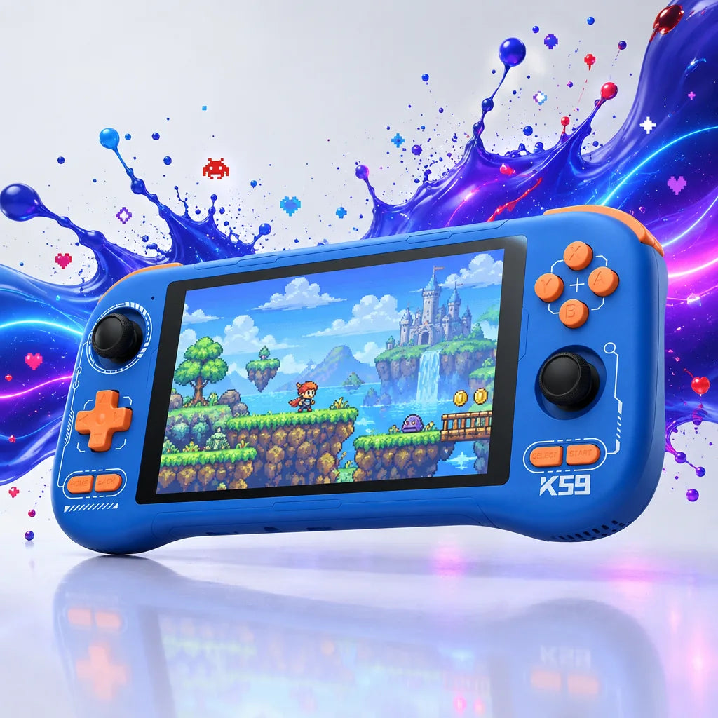 Console rétrogaming portable de trois quarts : grips sculptés, tranche et haut-parleur