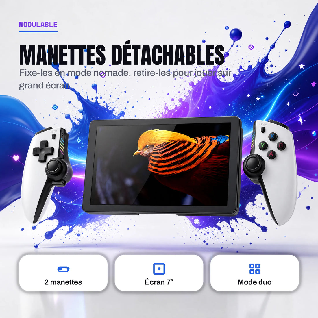 Manettes détachables de la console retrogaming portable 7 pouces : mode nomade ou grand écran.