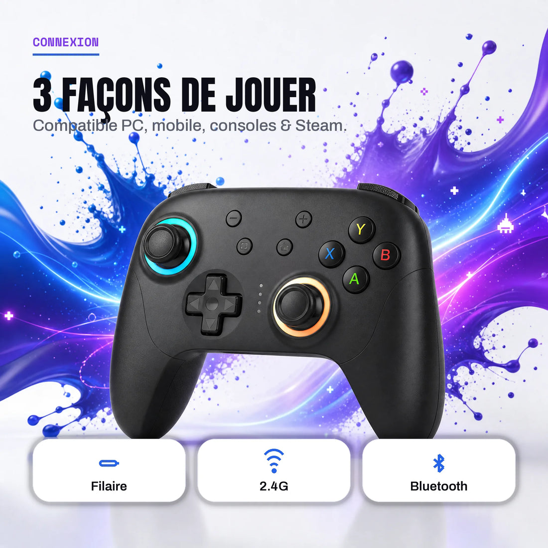 Manette gaming compatible filaire, sans fil 2.4G et Bluetooth pour PC, mobile et consoles.