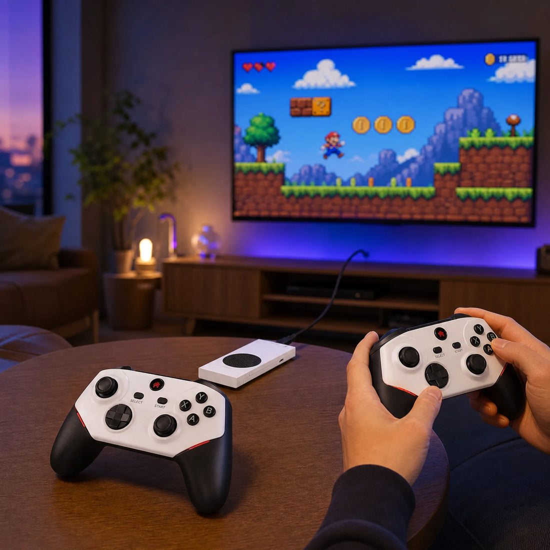 Stick TV rétrogaming branché sur la TV du salon, jeu rétro en 4K sur grand écran.