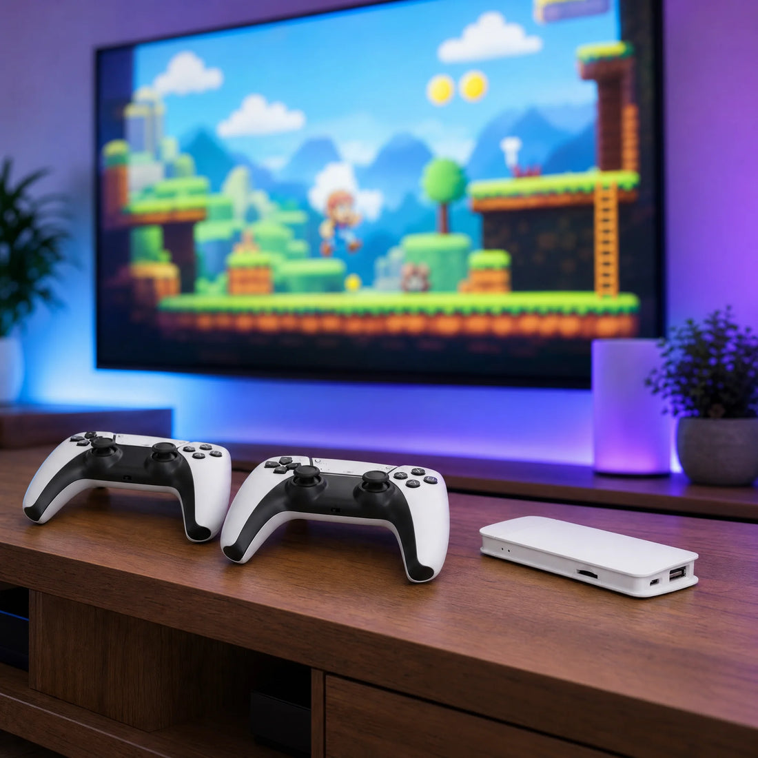 Stick TV rétrogaming blanc branché sur la télévision du salon pour jouer en 4K.