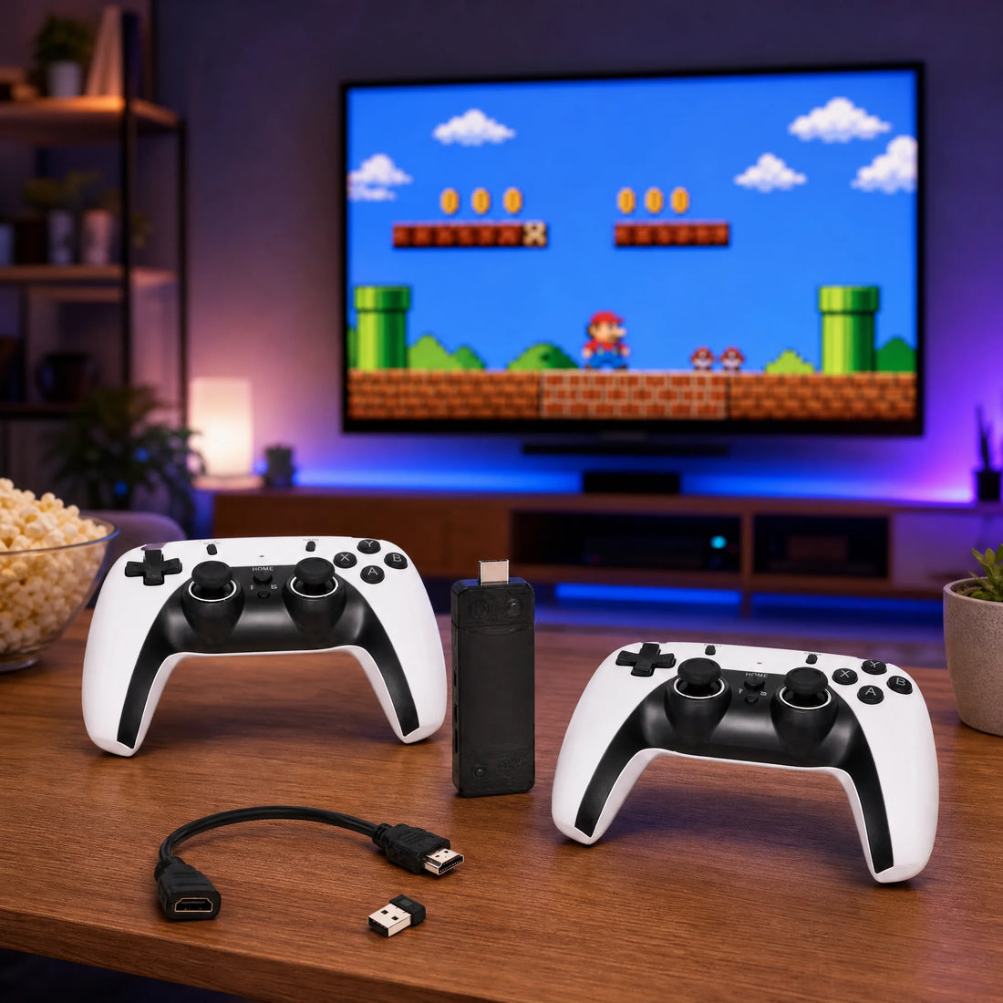 Stick TV rétrogaming branché sur la TV du salon, jeu rétro en 4K sur grand écran.