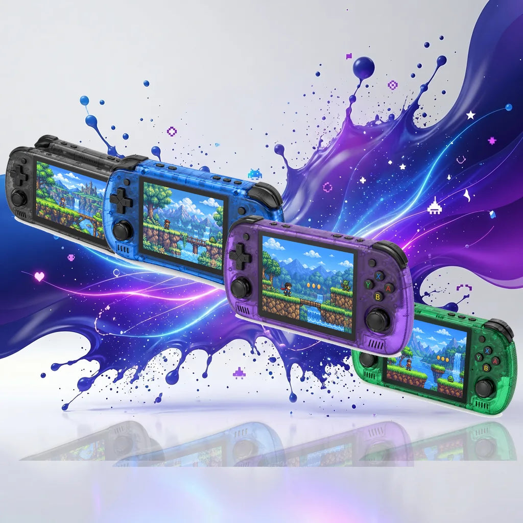 Quatre coloris translucides de la console portable rétrogaming 4,2 pouces : noir, bleu, violet et vert