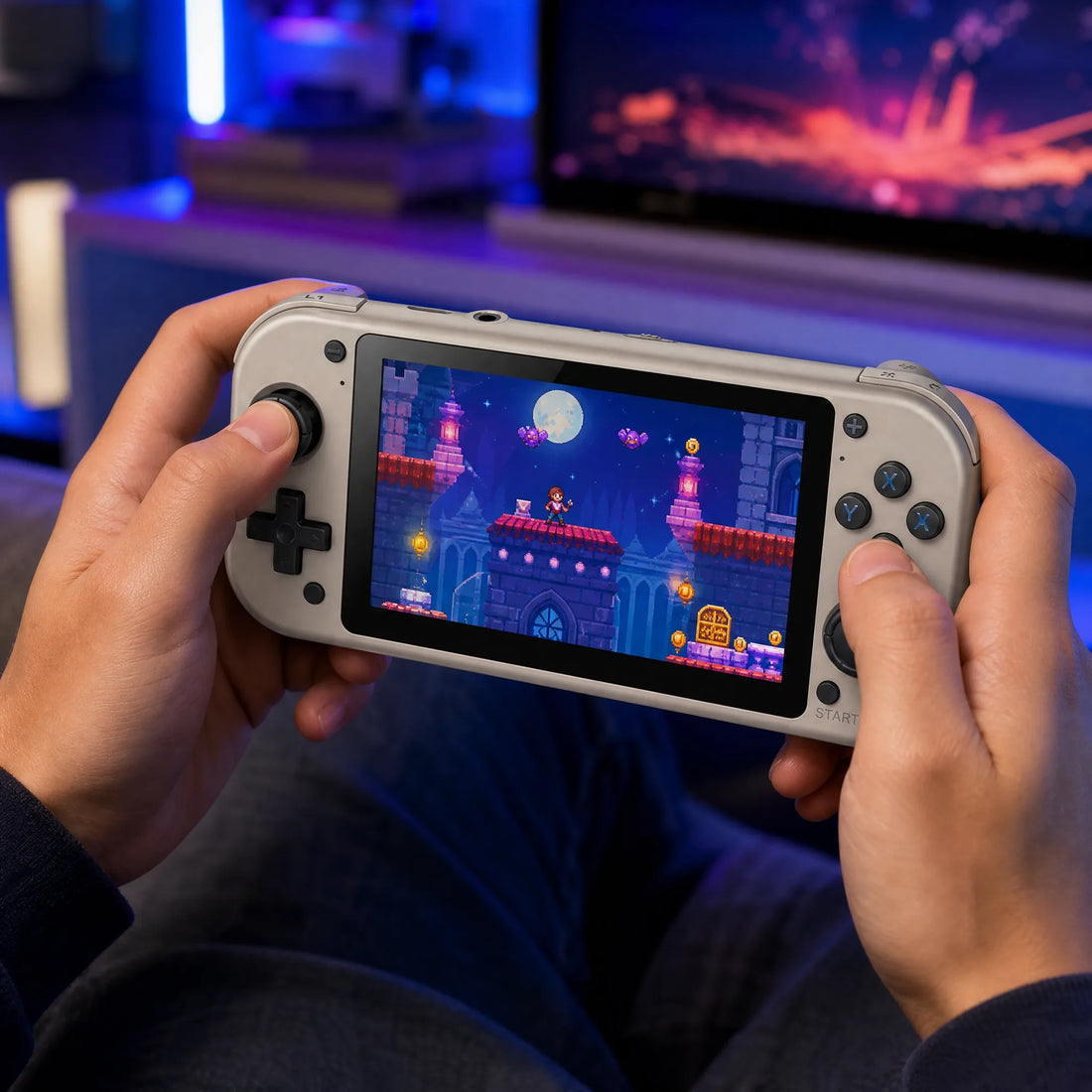 Console portable rétrogaming 4,3 pouces tenue à deux mains en pleine partie, ambiance gaming néon.