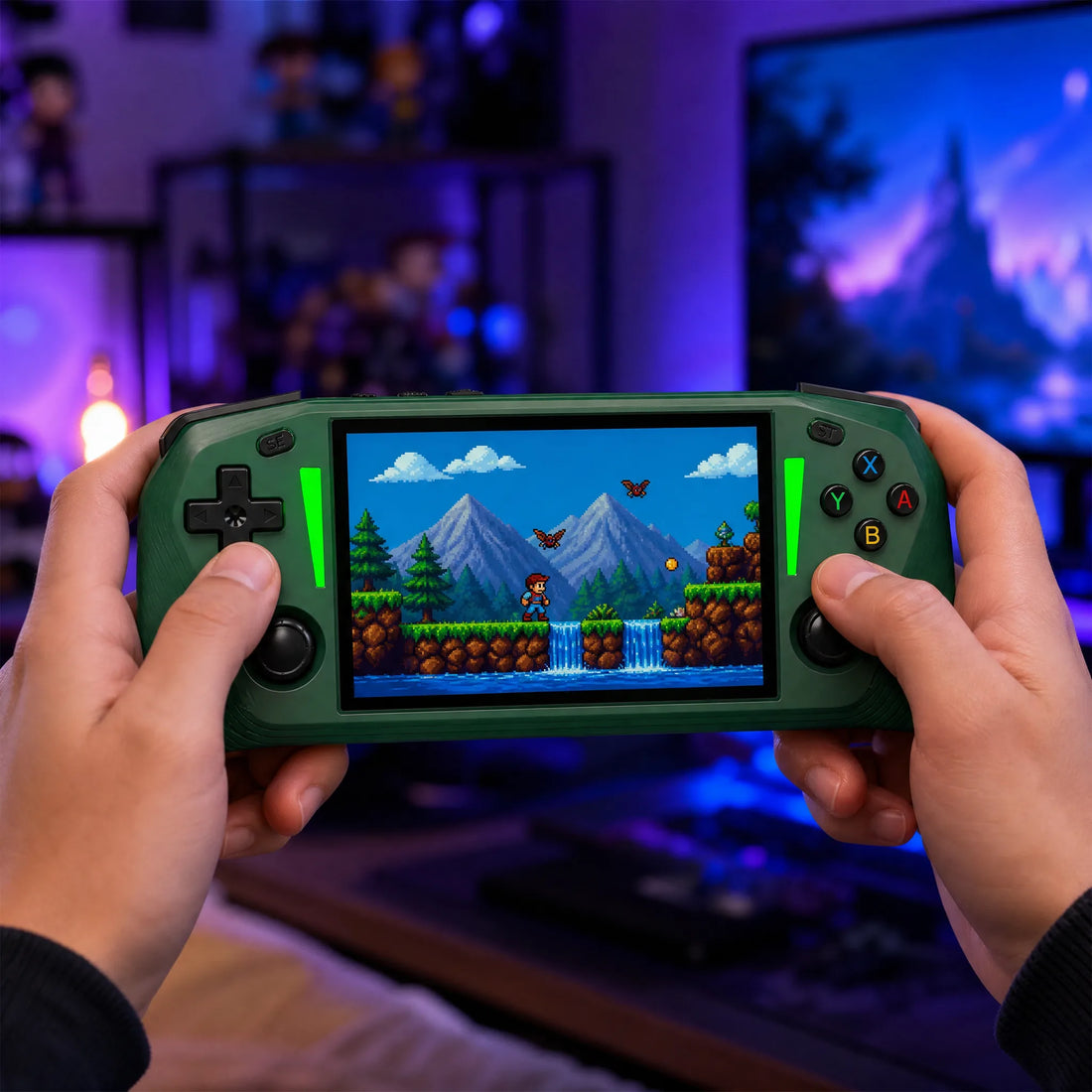 Console portable rétrogaming 4,3 pouces tenue à deux mains en pleine partie, ambiance gaming néon.