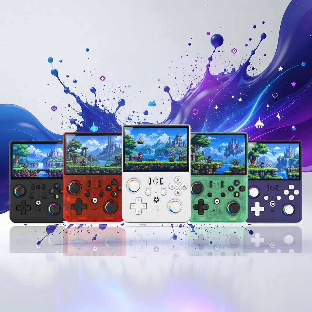 Les cinq coloris de la console portable rétrogaming 4,5 pouces : noir, rouge, blanc, vert et violet