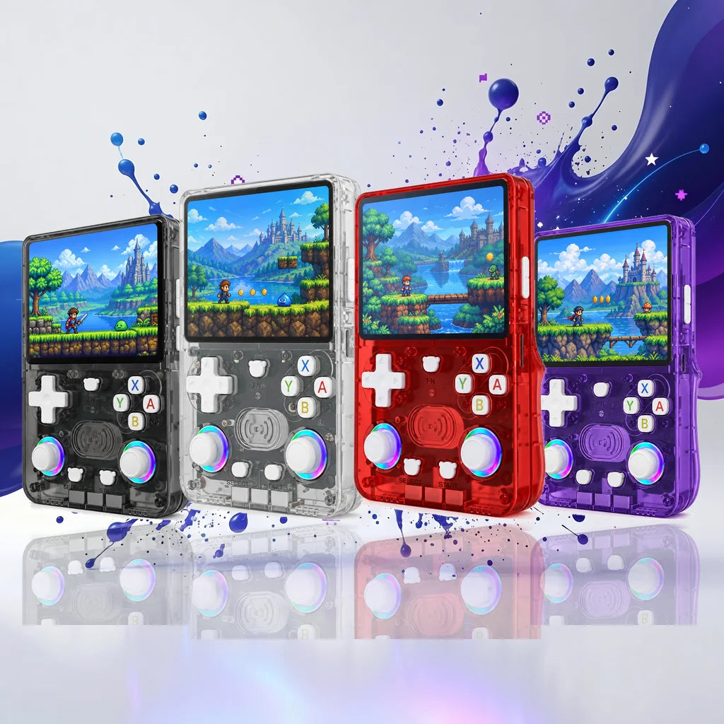Les quatre coloris de la console portable rétrogaming Android : noir, blanc, rouge et violet