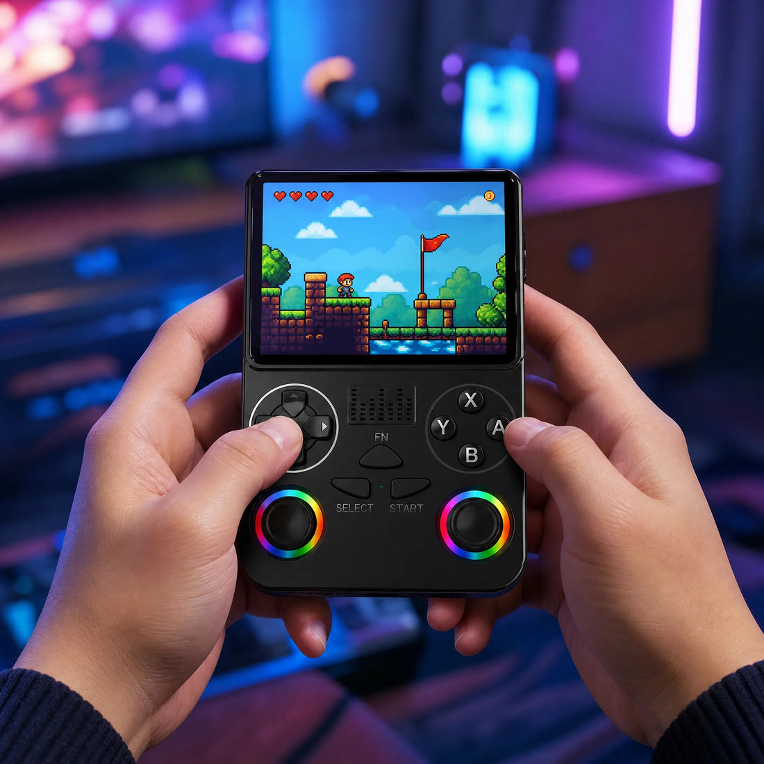 Console portable rétrogaming WiFi tenue à deux mains en pleine partie, ambiance gaming néon.
