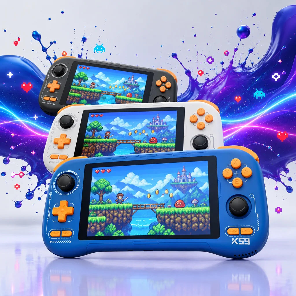 Les trois coloris de la console rétrogaming Android : noir, blanc et bleu
