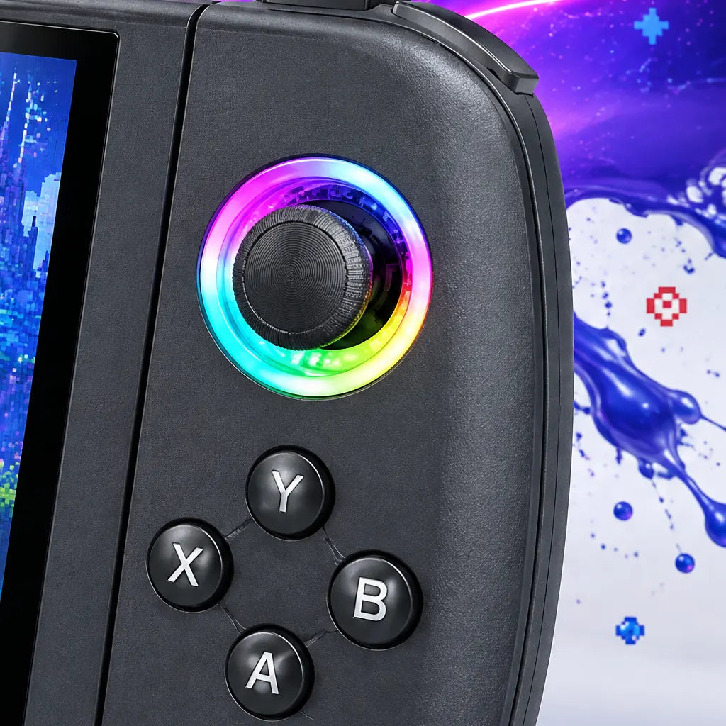 Anneau lumineux RGB du joystick et boutons Y X B A de la console rétrogaming en gros plan