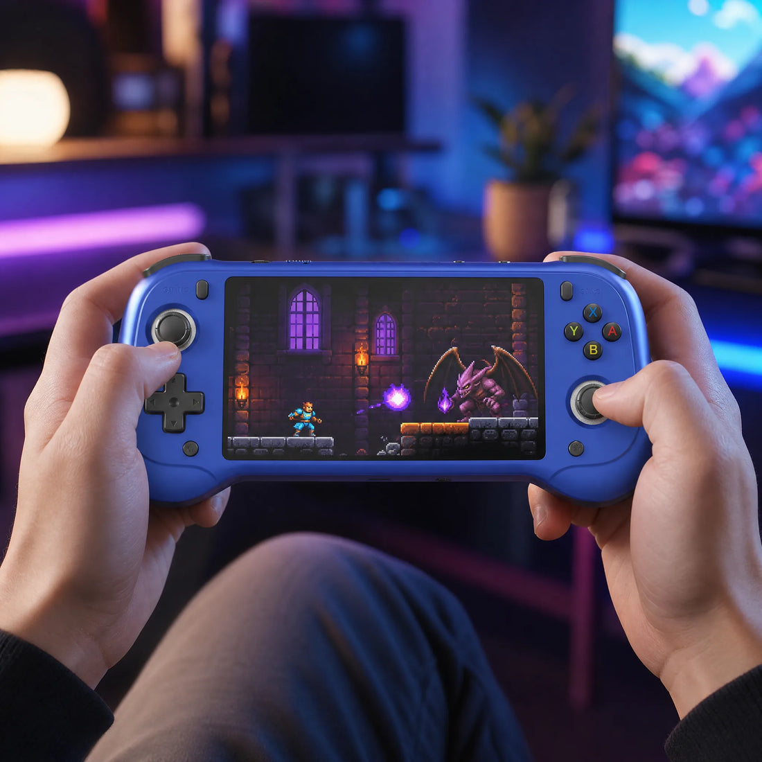 Console rétrogaming portable 5,5 pouces tenue à deux mains en pleine partie, ambiance gaming néon.