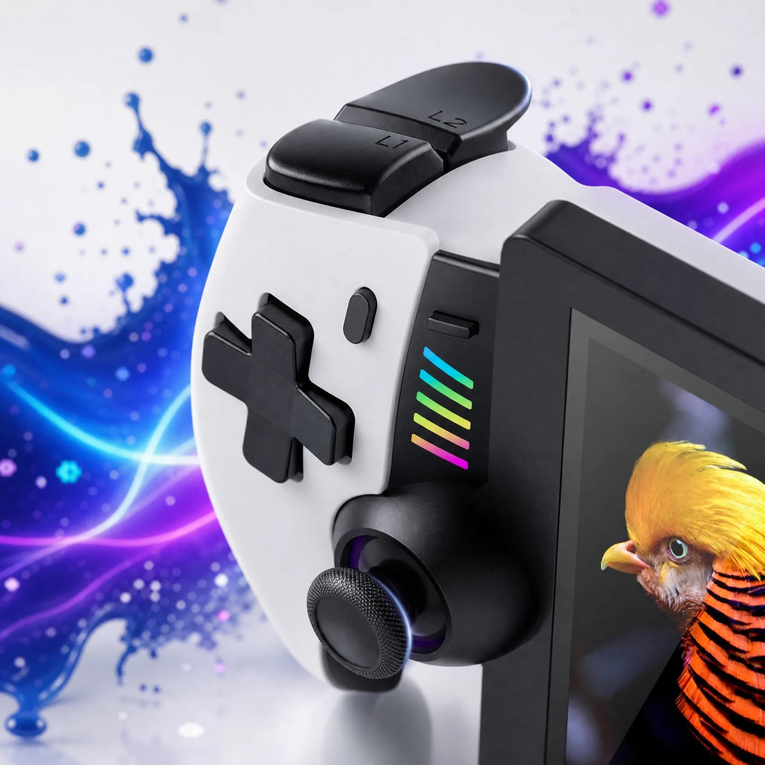 Gros plan sur le joystick, la croix directionnelle et les gâchettes Hall de la console 7 pouces.
