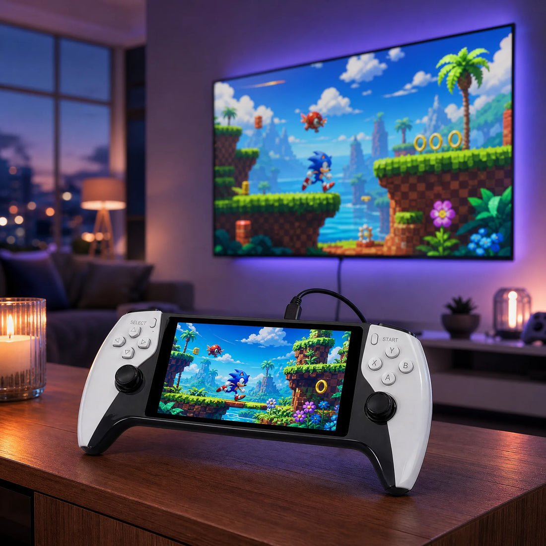 Console retrogaming portable reliée à la TV du salon pour jouer aux jeux rétro sur grand écran.