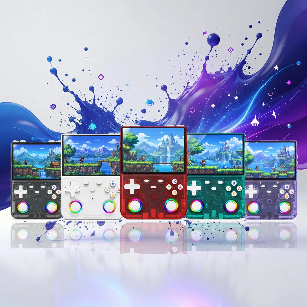 Les cinq coloris de la console rétrogaming WiFi 4,5 pouces : noir, blanc, rouge, vert et violet