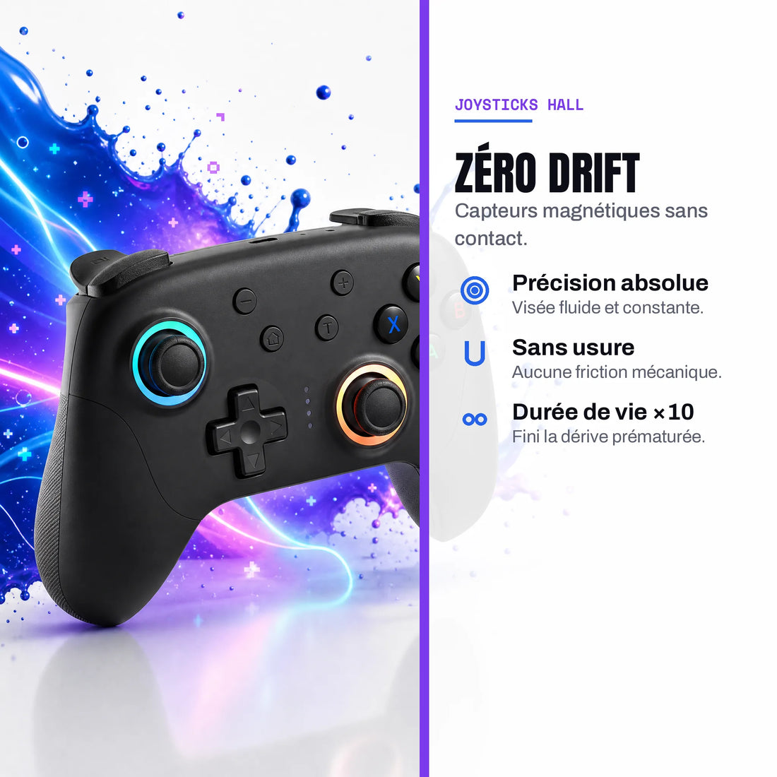 Joysticks à effet Hall de la manette : zéro drift, précision absolue et longue durée de vie.