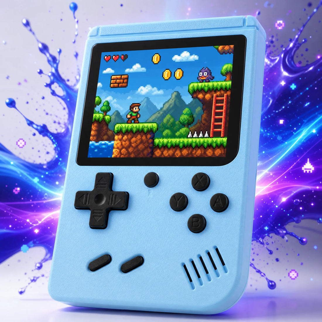 Écran couleur 3 pouces de la mini console retrogaming affichant un jeu rétro 8 bits.
