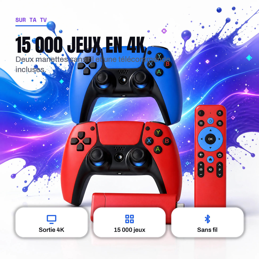 Stick TV rétrogaming 4K avec 15 000 jeux, deux manettes sans fil et une télécommande.