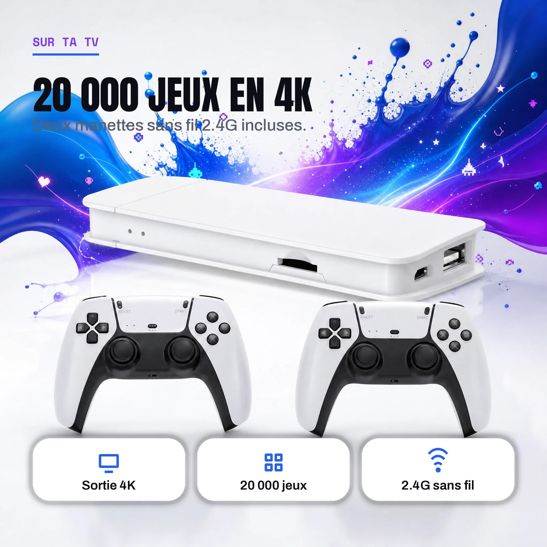 Stick TV rétrogaming 4K avec 20 000 jeux et deux manettes sans fil 2.4G.