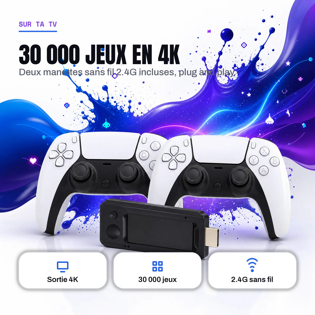Stick TV rétrogaming 4K avec 30 000 jeux et deux manettes sans fil 2.4G, plug and play.