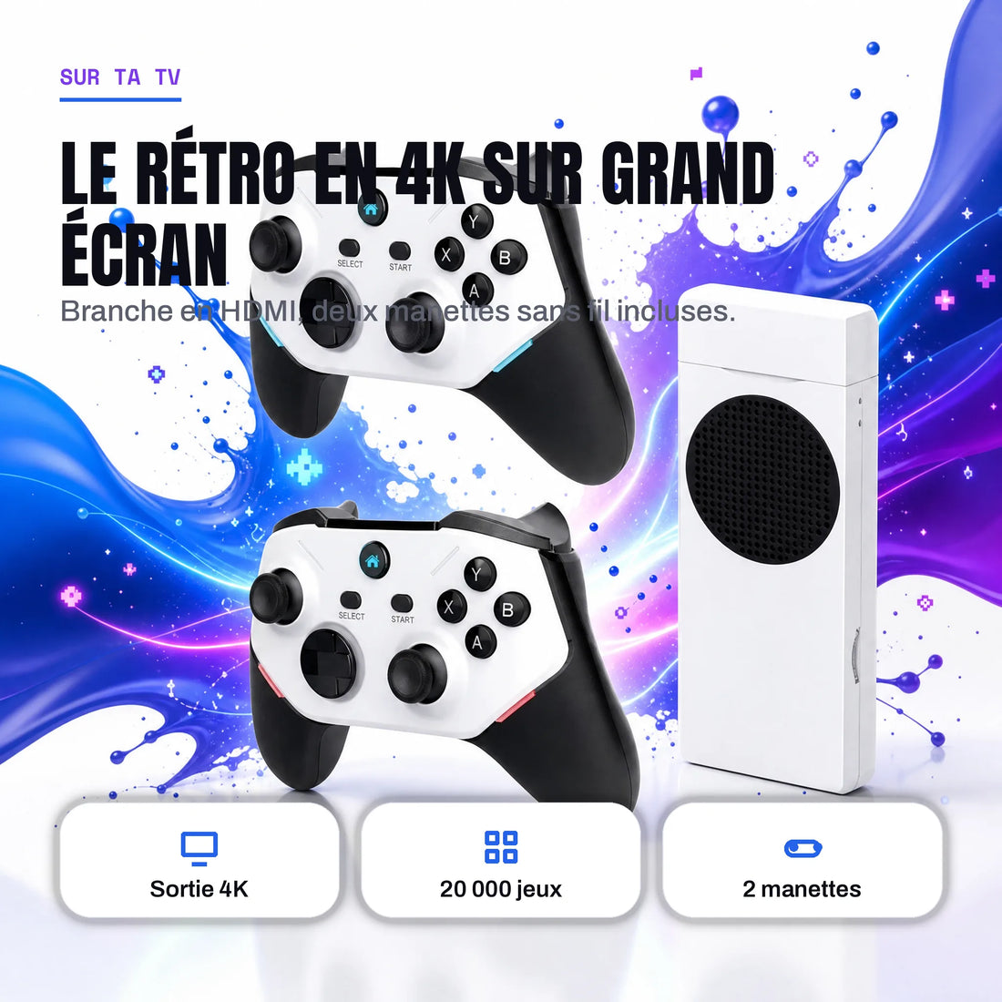 Stick TV rétrogaming 4K avec 20 000 jeux et deux manettes sans fil, plug and play.