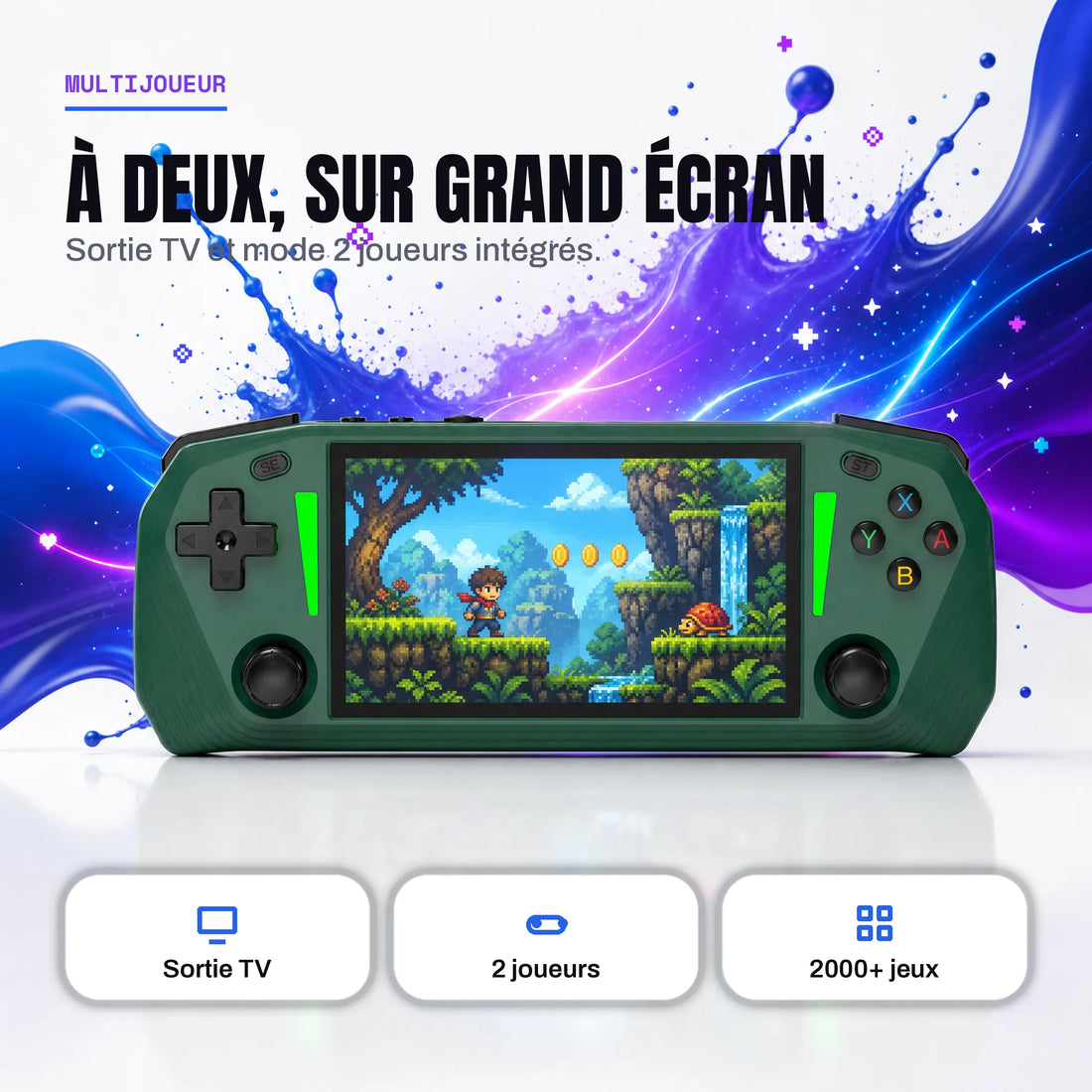 Console portable rétrogaming avec sortie TV et mode 2 joueurs pour jouer sur grand écran.