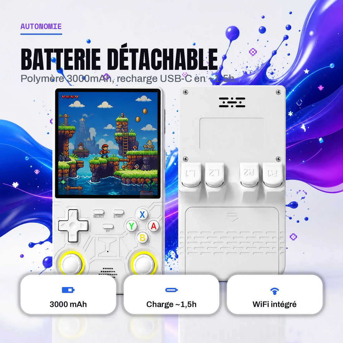 Console portable rétrogaming et son cache batterie détachable 3000 mAh, recharge USB-C et WiFi intégré.