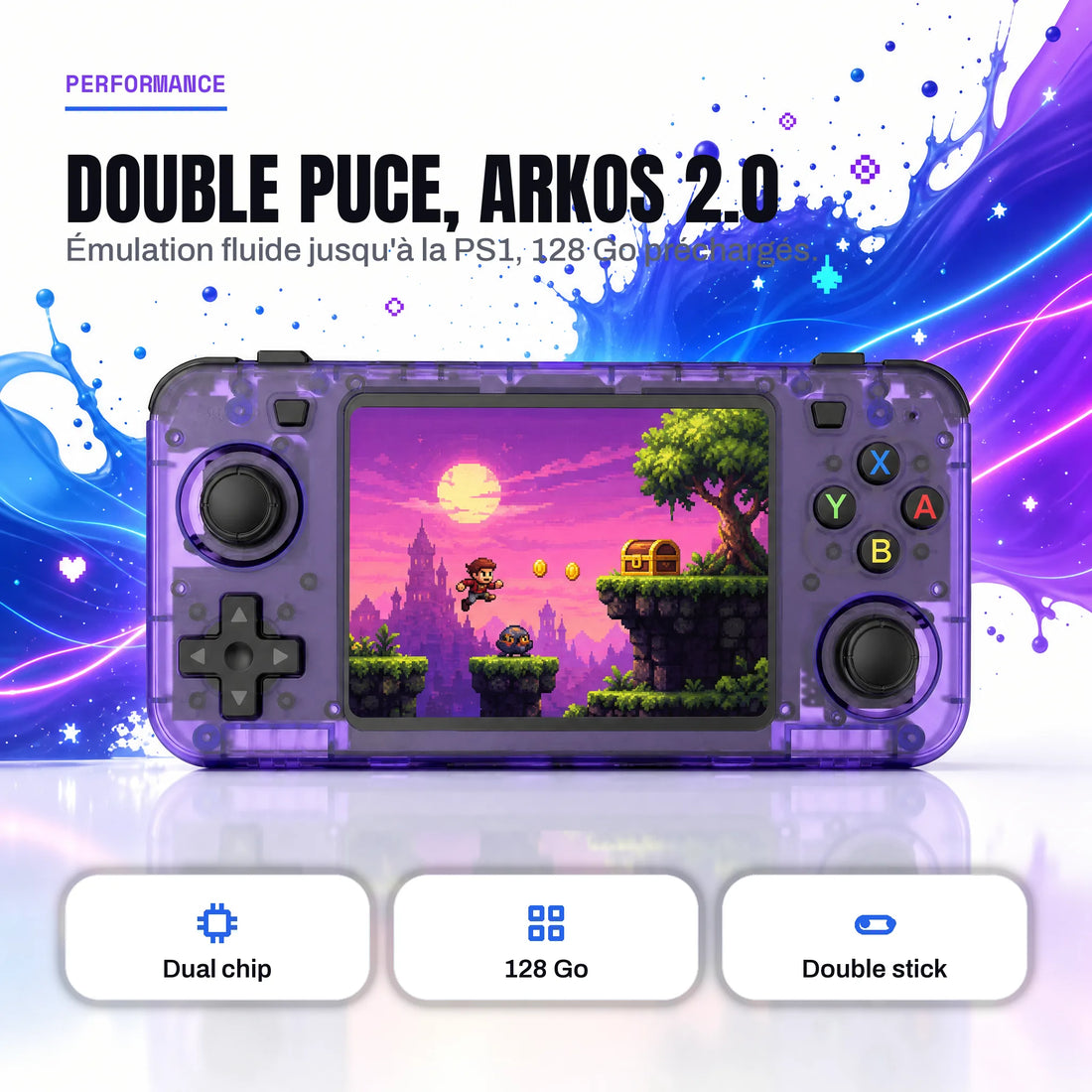 Console portable rétrogaming à double puce et ArkOS 2.0, 128 Go de jeux rétro préchargés.