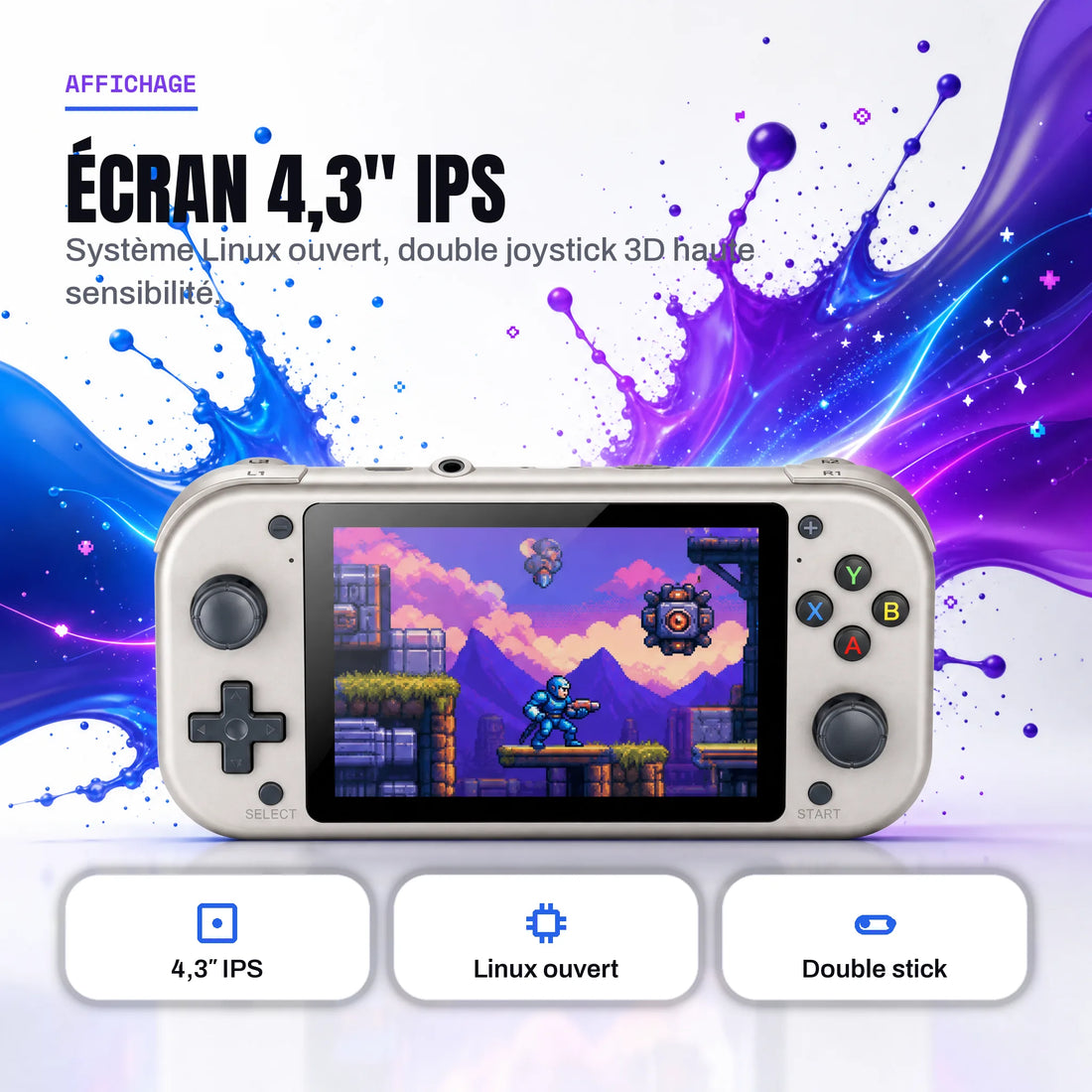 Console portable rétrogaming 4,3 pouces IPS sous Linux ouvert avec double joystick 3D.