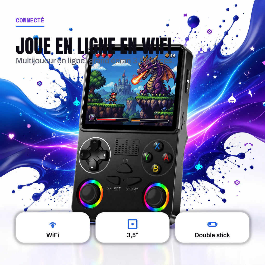 Console portable rétrogaming avec WiFi pour le jeu en ligne, grand écran 3,5 pouces et double stick.