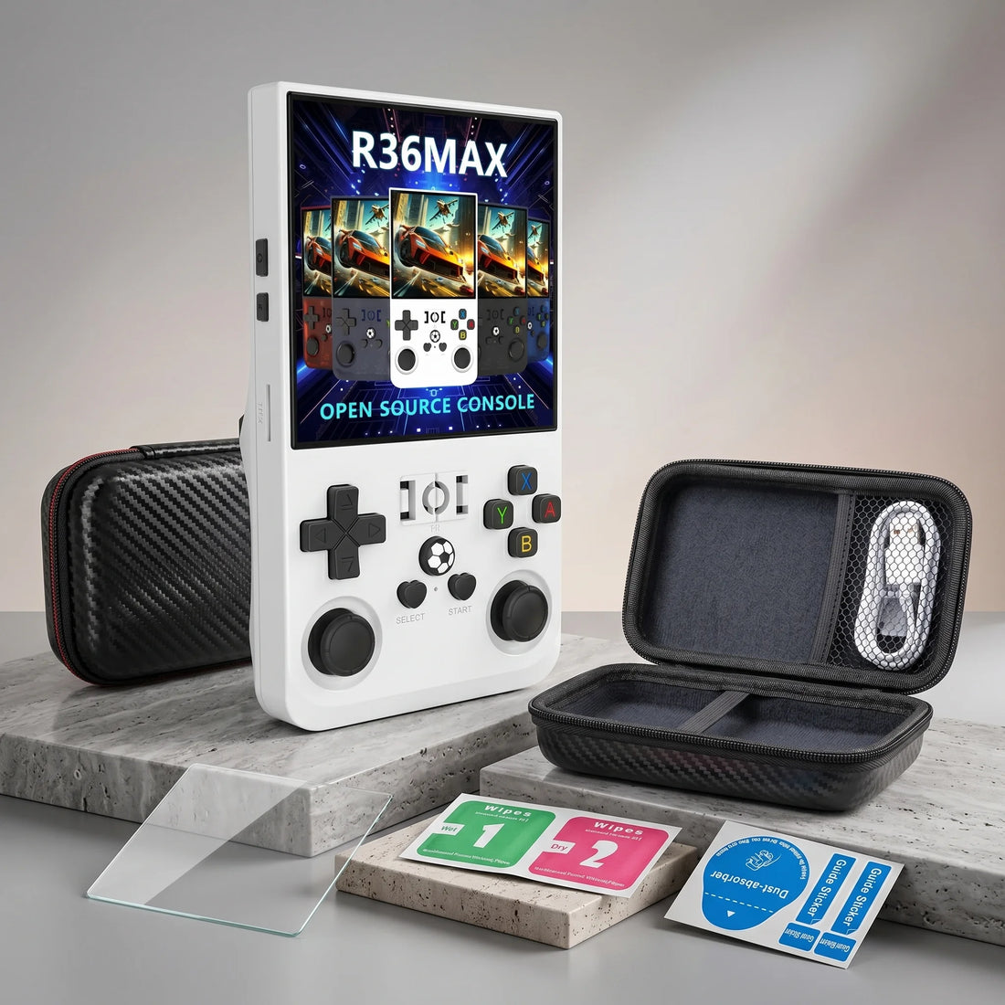Pack console portable rétrogaming R36 Max avec étui de transport rigide et accessoires.