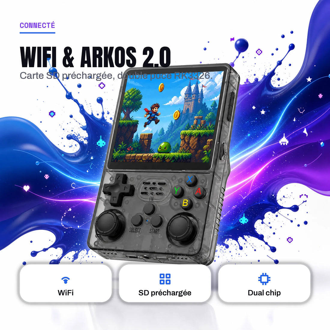 Console portable rétrogaming WiFi avec ArkOS 2.0 et double puce, carte SD préchargée prête à jouer.