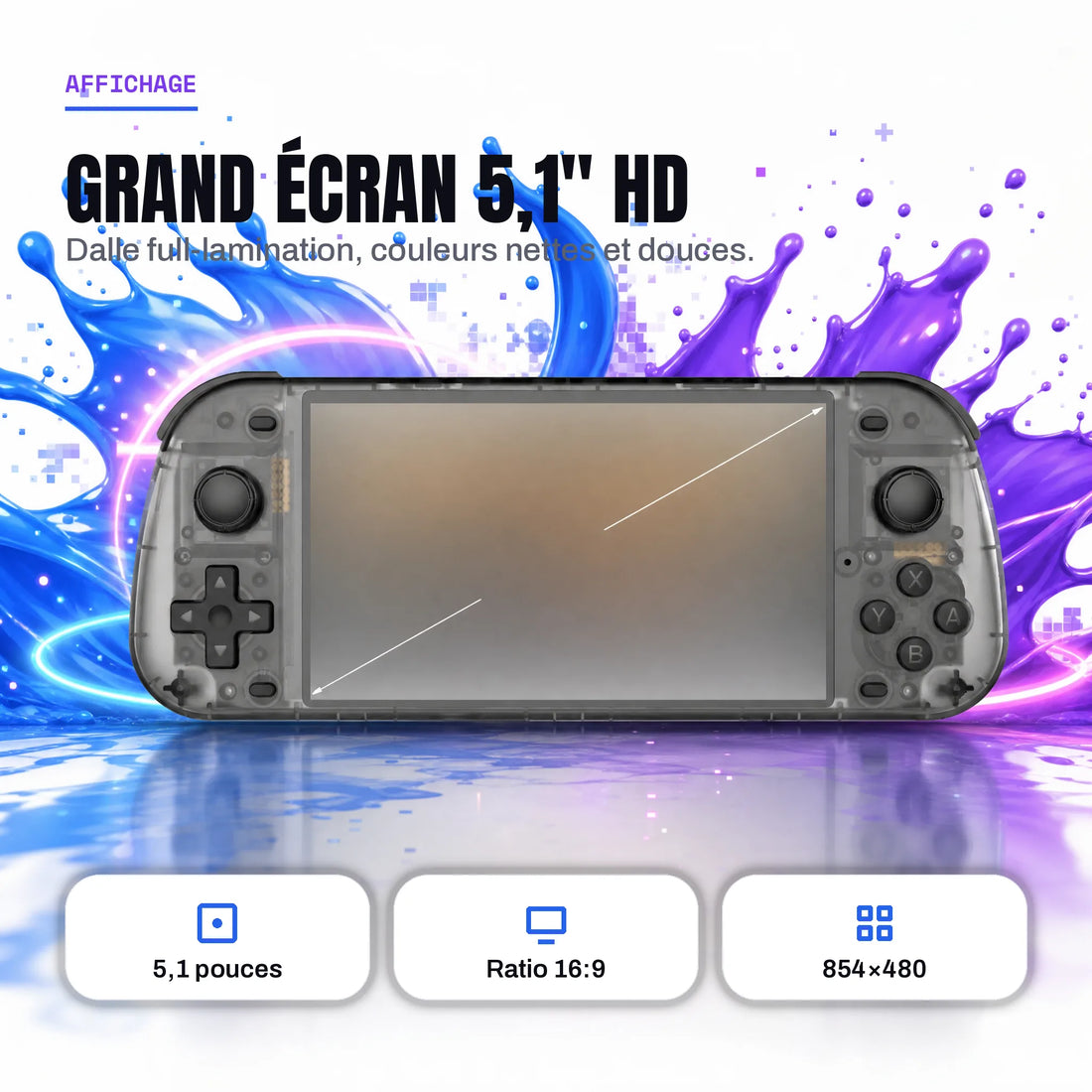 Grand écran HD 5,1 pouces au format 16:9 de la console retro portable, couleurs nettes et fluides.