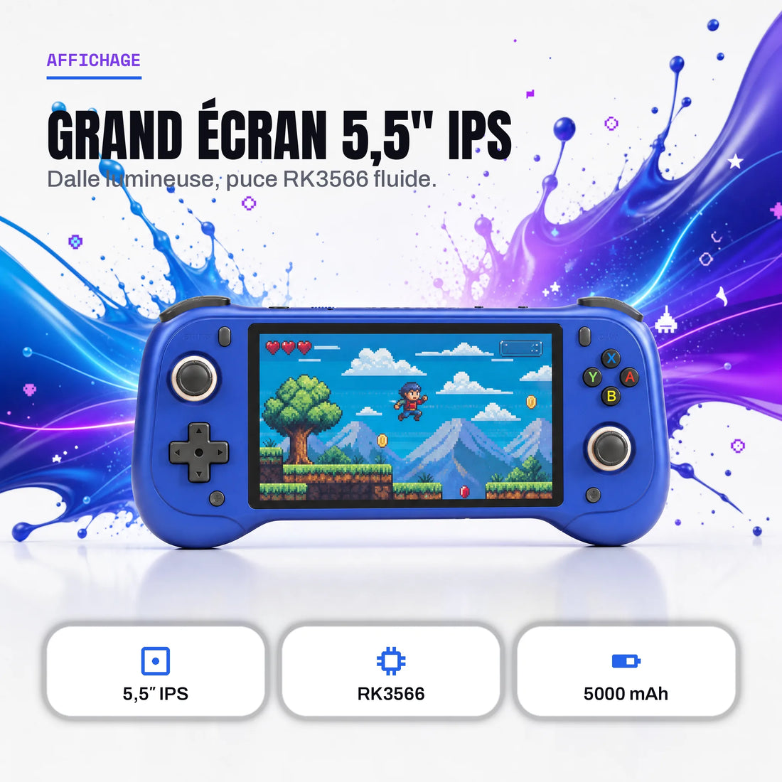 Console rétrogaming portable 5,5 pouces : grand écran IPS, puce RK3566 et batterie 5000 mAh.