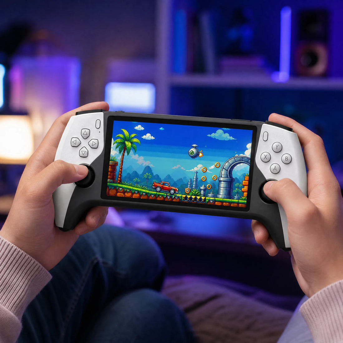 Console retrogaming portable tenue à deux mains en pleine partie, prise en main confortable.