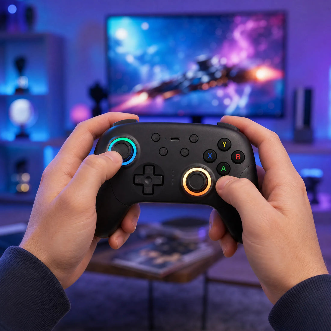 Manette gaming sans fil prise en main devant un setup, ambiance gaming néon bleu et violet.