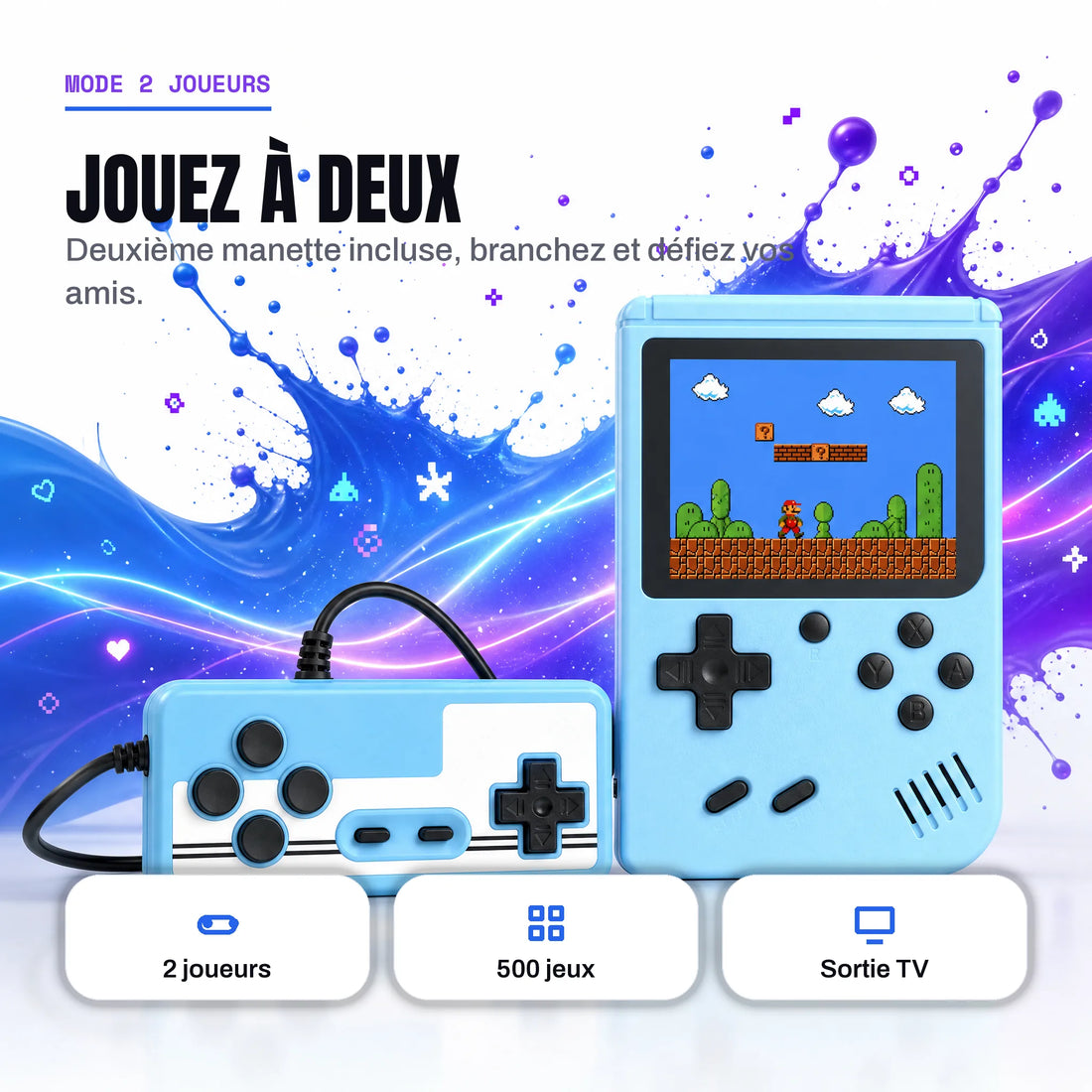 Mini console retrogaming version 2 joueurs avec deuxième manette incluse pour jouer en duo.