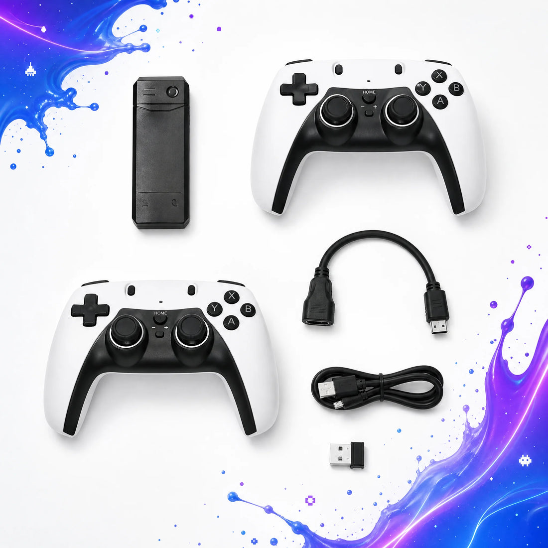 Contenu du pack stick TV rétrogaming : boîtier HDMI, deux manettes, adaptateur et câble HDMI.