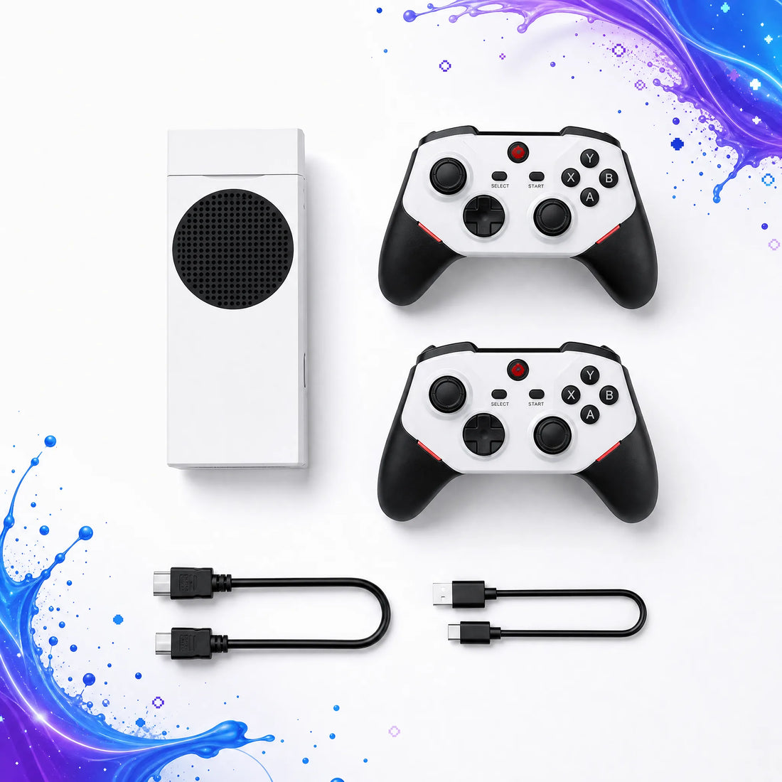 Contenu du pack stick TV rétrogaming : boîtier HDMI, deux manettes sans fil et câbles.