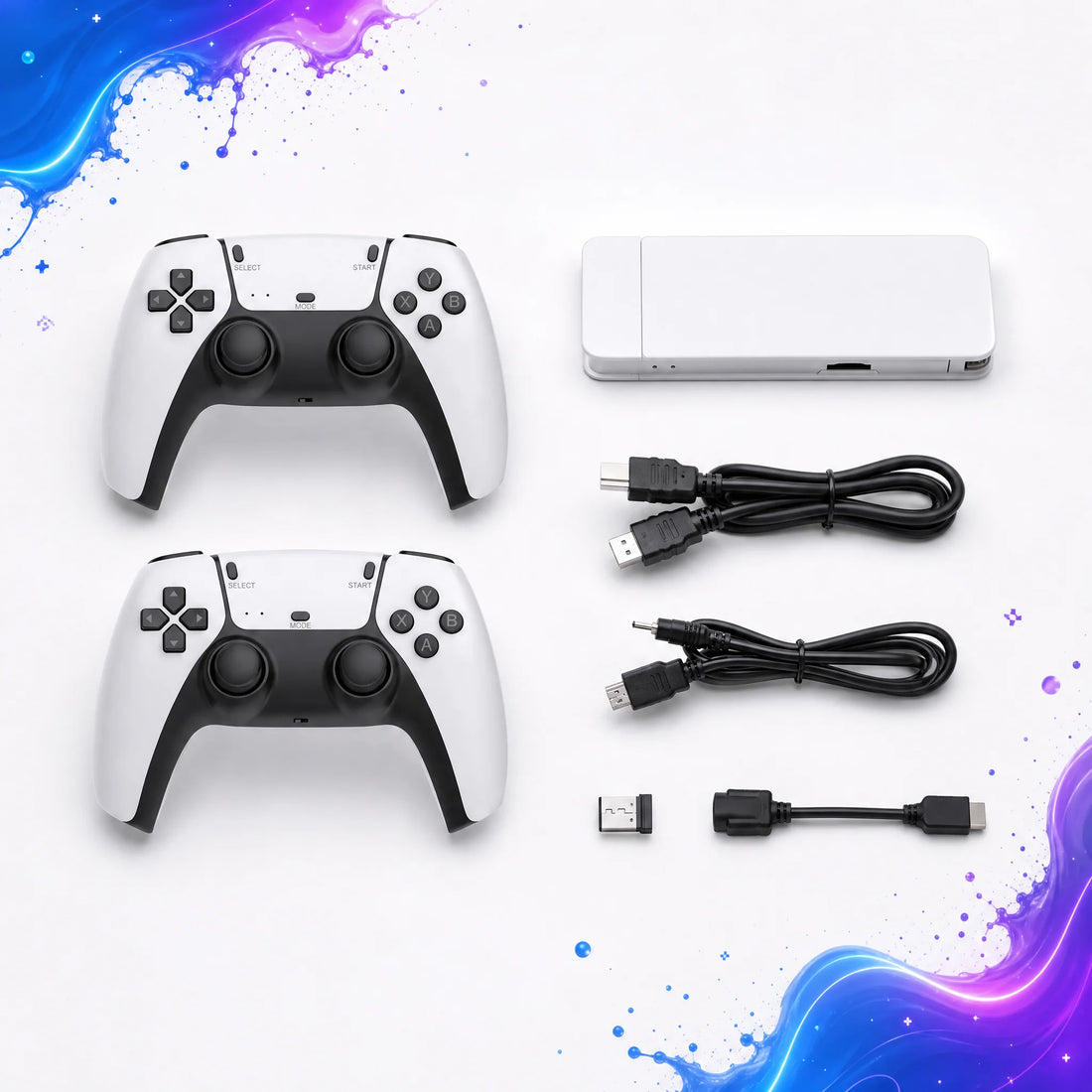 Contenu du pack stick TV rétrogaming blanc : boîtier HDMI, deux manettes, adaptateur et câbles.