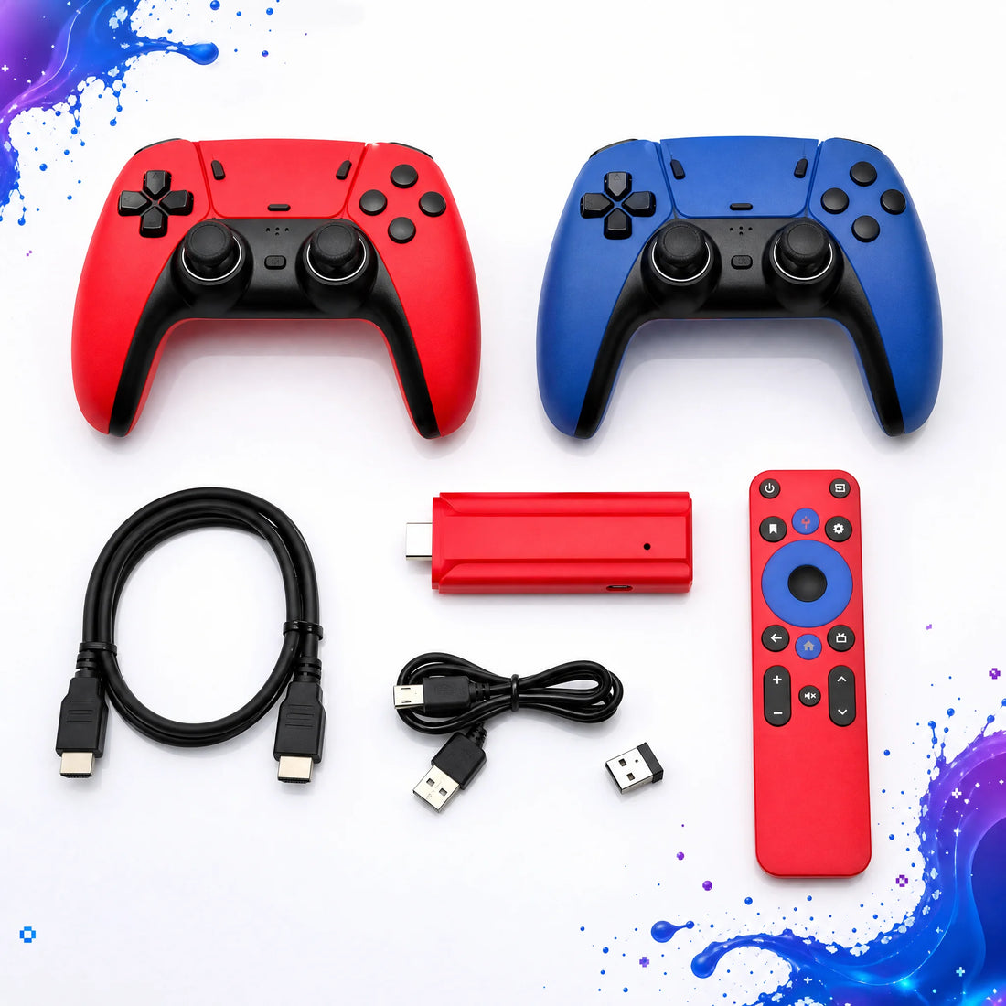 Contenu du pack stick TV rétrogaming : boîtier HDMI, deux manettes et télécommande.
