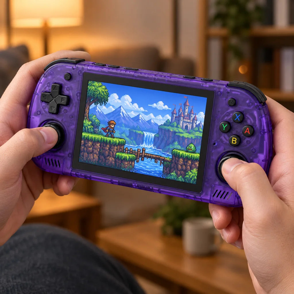 Console portable rétrogaming 4,2 pouces tenue à deux mains dans un salon