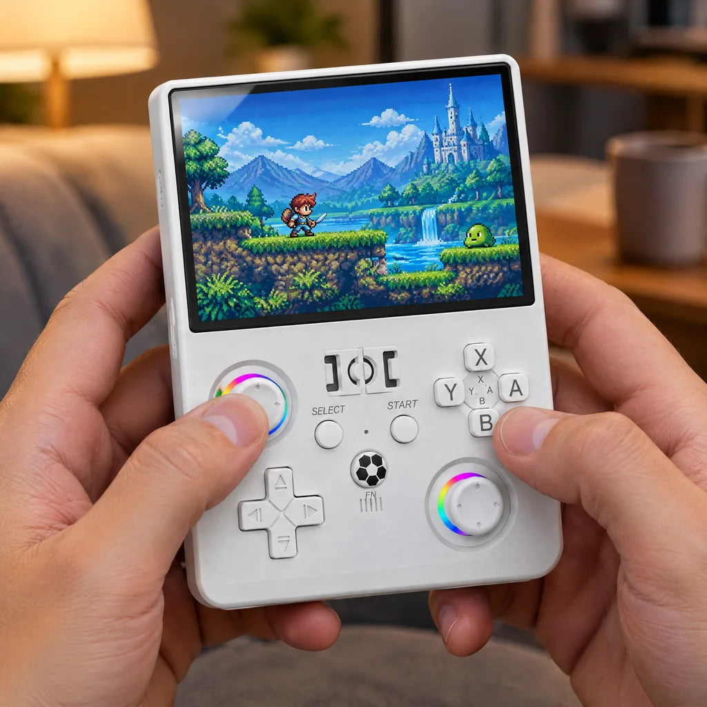 Console portable rétrogaming 4,5 pouces tenue à deux mains dans un salon