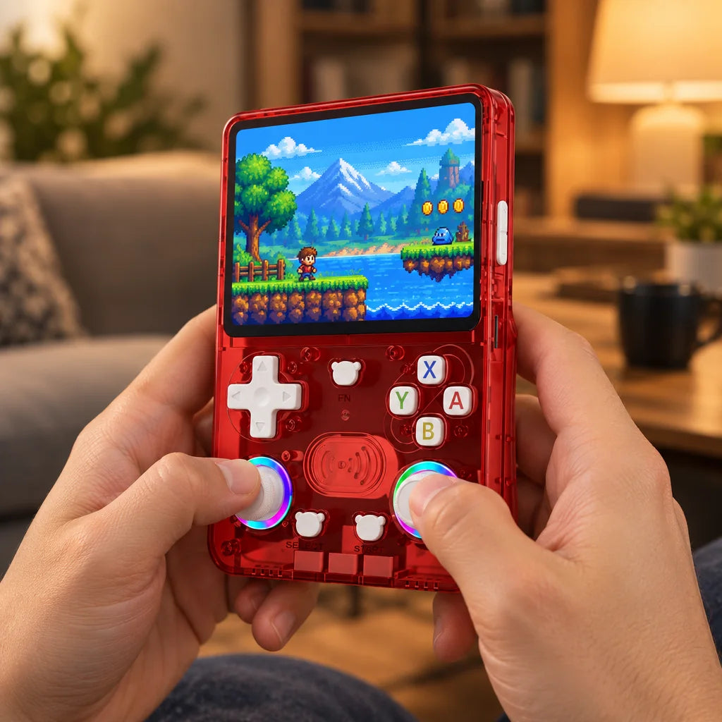 Console portable rétrogaming Android 4,2 pouces tenue à deux mains dans un salon