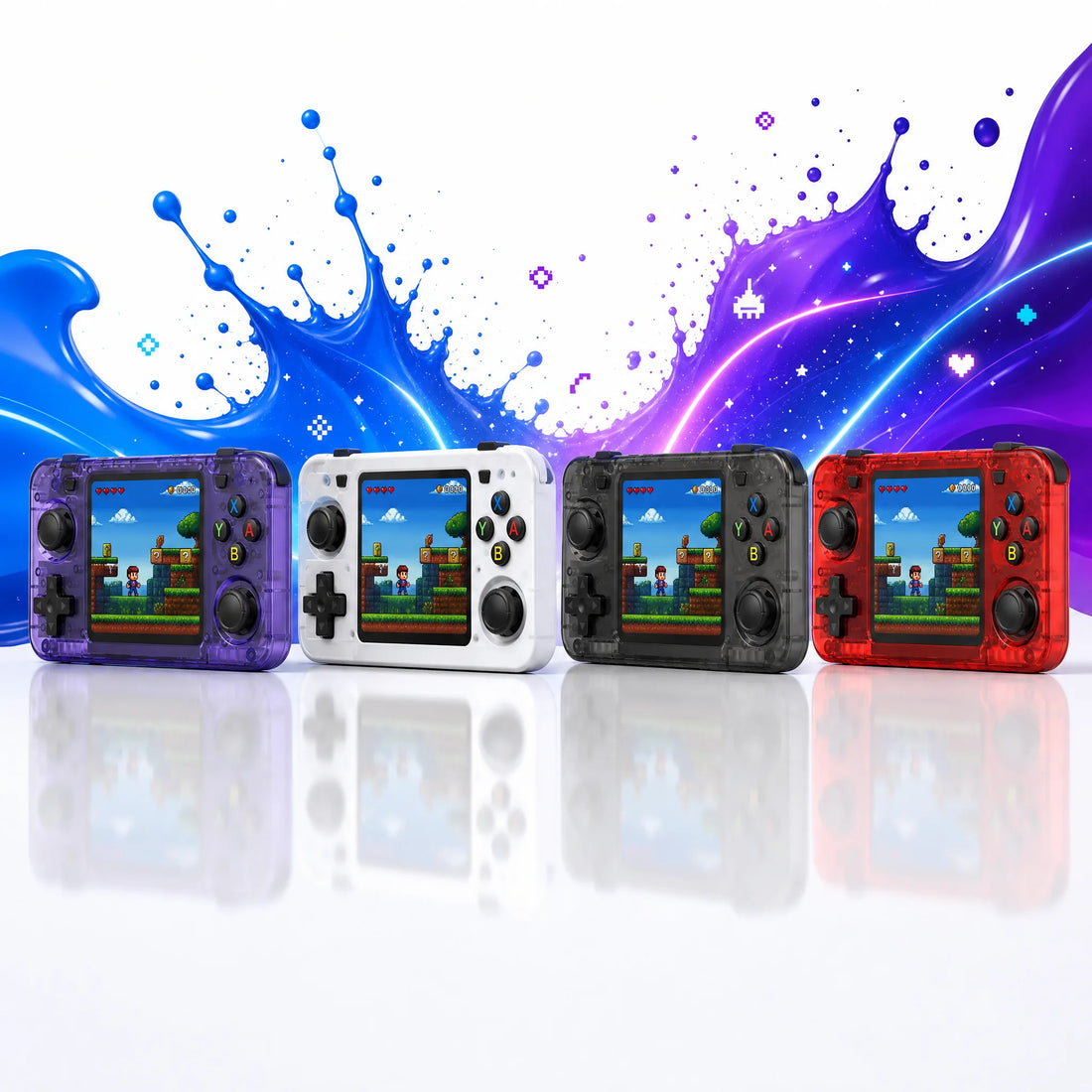 Console portable rétrogaming format manette en quatre coloris : violet, blanc, noir et rouge.