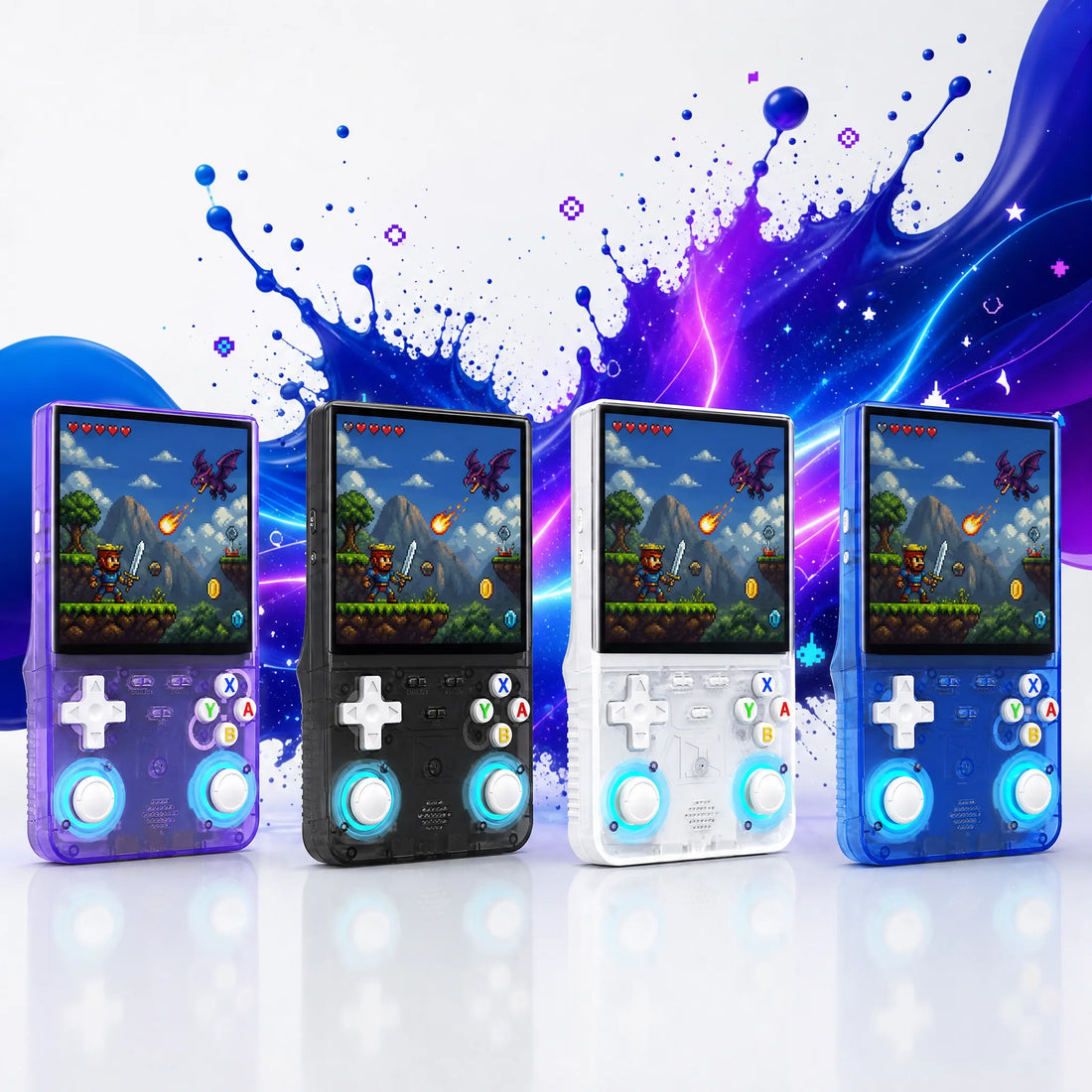 Console portable rétrogaming 4 pouces en quatre coloris translucides : violet, noir, blanc et bleu.