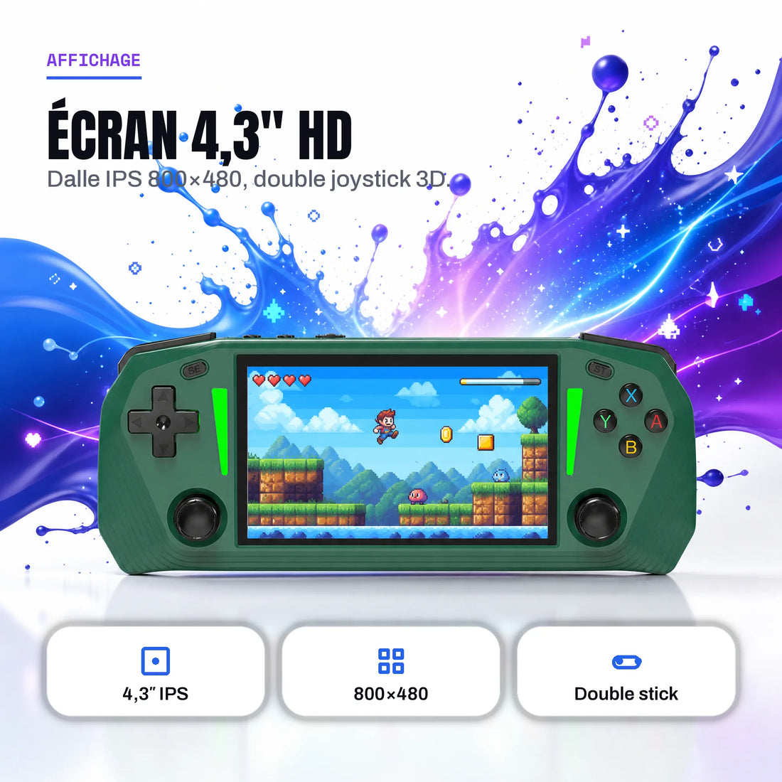 Console portable rétrogaming 4,3 pouces, dalle IPS 800x480 et double joystick 3D.