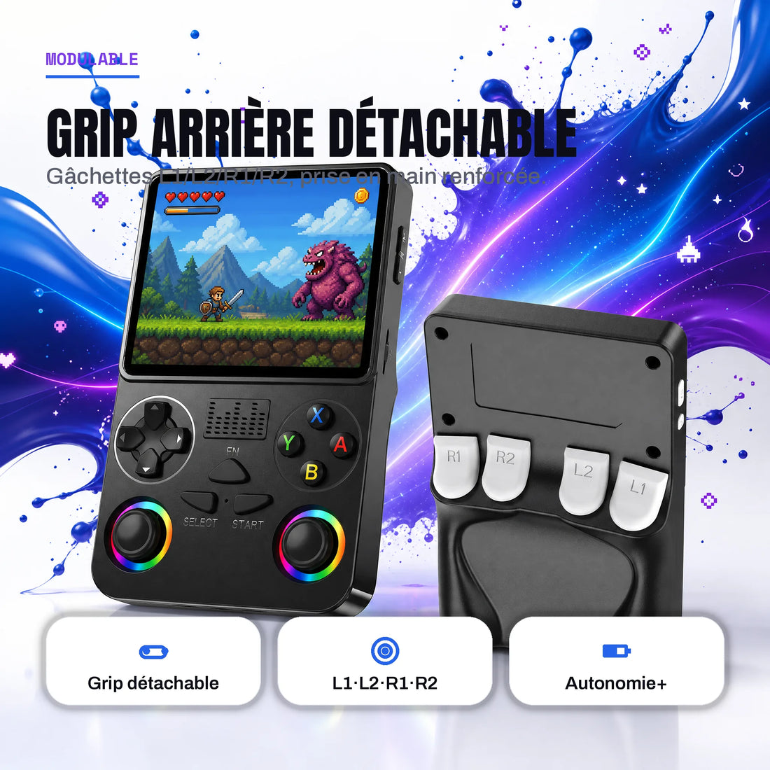 Console portable rétrogaming avec grip arrière détachable et gâchettes L1 L2 R1 R2, prise en main renforcée.